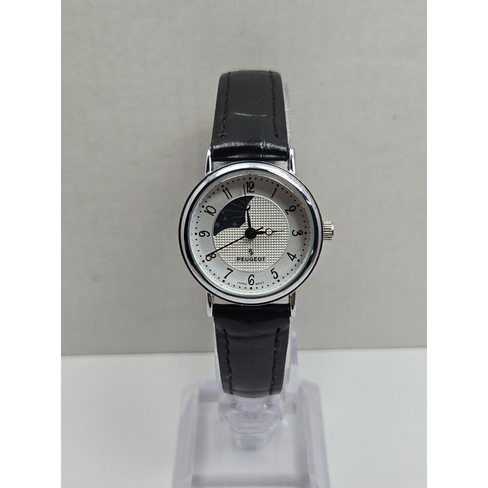 Peugeot Womens Sun Moon Phase Silver Tone Leather Watch Retro Dress New Battery